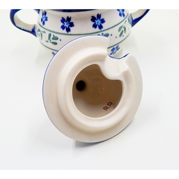 Zaklady Polish Pottery Lidded Sugar Bowl Daisy Field Aqua Floral Ivy Leaves - Picture 6 of 11